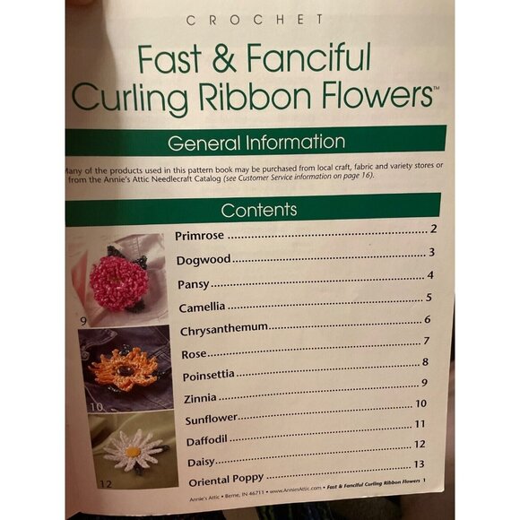 Crochet Annies Attic Fast & Fanciful Curling Ribbon Flowers 12 Patterns Book - Picture 4 of 4